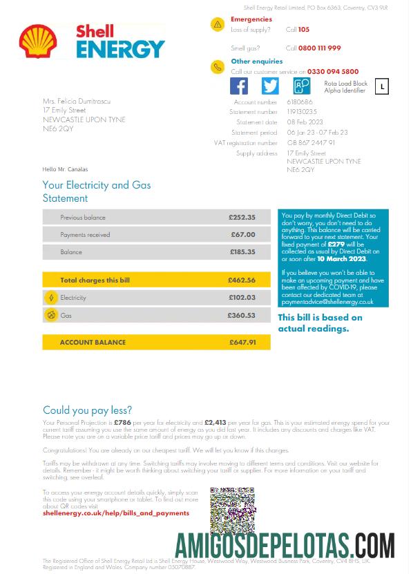 realista Modelo de conta de serviços públicos SHELL ENERGY do REINO UNIDO Modelo Word e PDF